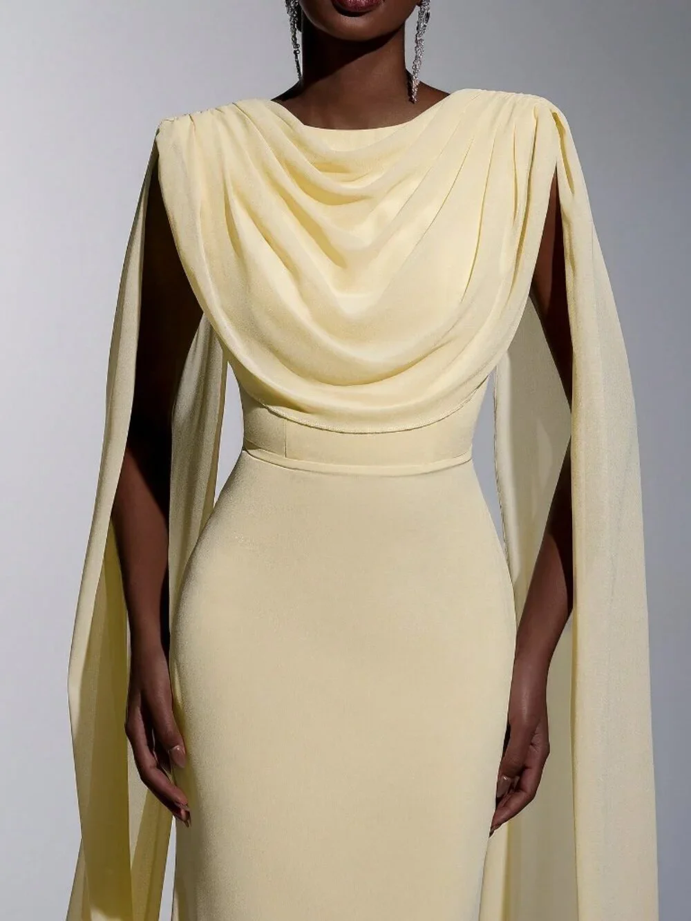 Yellow Elegant Women's Chiffon Ruffle Neck Fishtail Hem Formal Dress